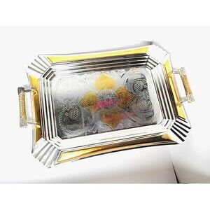 Vintage Chrome Brass Tone Art Deco Art Nouveau Serving Tray, Dresser Organizer